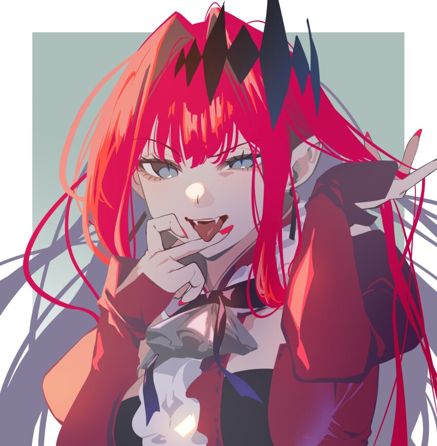 1girl baobhan_sith_(fate) baobhan_sith_(first_ascension)_(fate) baseball_bat border breasts detached_sleeves dress earrings fangs fate/grand_order fate_(series) frilled_dress frills grey_eyes hair_ornament hand_in_own_hair hand_up highres jewelry long_hair long_sleeves looking_at_viewer medium_breasts nail nail_(hardware) nail_bat open_mouth pointy_ears red_dress red_hair red_nails sidelocks smile solo tongue tongue_out upper_body white_border zinken00