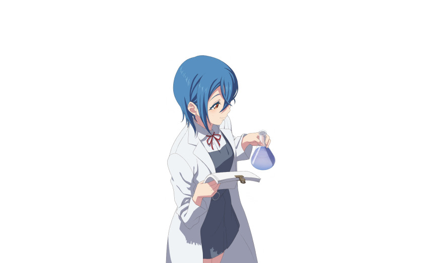 1girl blue_hair blush closed_mouth coat collared_shirt cowboy_shot crossed_bangs dress ear_piercing flask from_above grey_dress hair_between_eyes hands_up highres holding holding_paper lab_coat long_sleeves love_live! love_live!_school_idol_festival_2 love_live!_superstar!! neck_ribbon official_art orange_eyes paper paper_stack piercing pinafore_dress profile red_ribbon ribbon school_uniform shirt short_hair sleeveless sleeveless_dress solo standing string_tie transparent_background wakana_shiki white_coat white_shirt yuigaoka_school_uniform