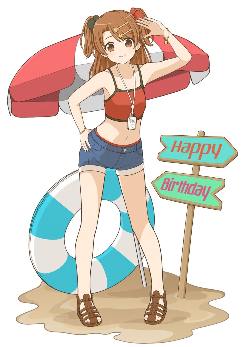 1girl absurdres beach_umbrella blue_shorts bracelet brown_eyes brown_hair crop_top full_body gladiator_sandals hand_on_own_hip highres innertube jewelry karen_(sister_princess) looking_at_viewer midriff navel red_tank_top sandals short_shorts short_twintails shorts sister_princess_virtual_youtuber_project smile solo standing swim_ring tank_top twintails umbrella yuka_(akira05071991)