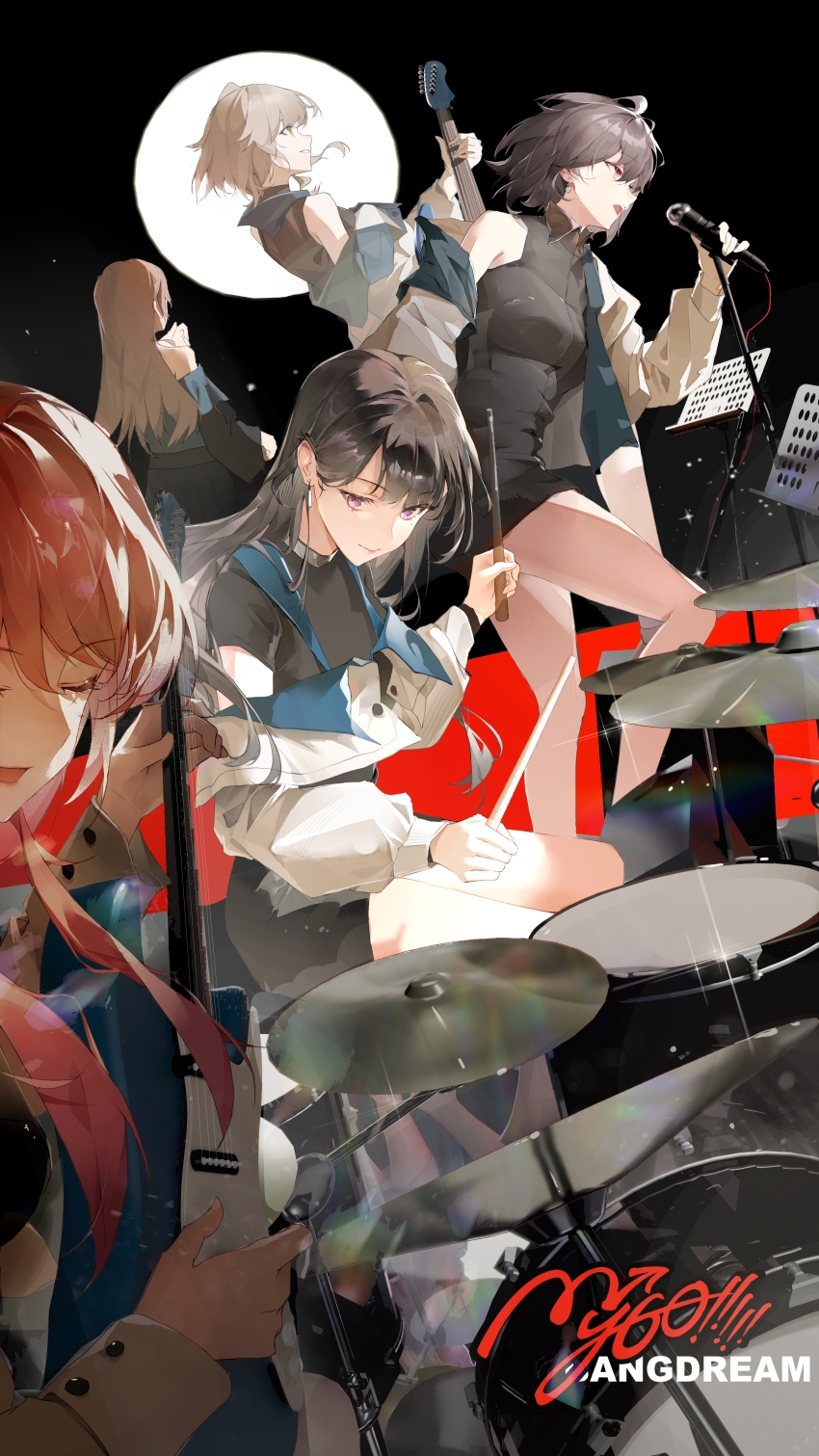 5girls absurdres bang_dream! bang_dream!_it&#039;s_mygo!!!!! black_hair brown_eyes brown_hair bullet-jiechan chihaya_anon chinese_commentary commentary_request copyright_name drum drum_set drumsticks earrings full_moon grey_hair group_name guitar highres holding holding_drumsticks holding_guitar holding_instrument holding_microphone instrument jewelry kaname_raana microphone microphone_stand moon multiple_girls music music_stand mygo!!!!!_(bang_dream!) mygo!!!!!_logo_(bang_dream!) nagasaki_soyo pink_hair playing_guitar playing_instrument purple_eyes red_eyes shiina_taki singing takamatsu_tomori