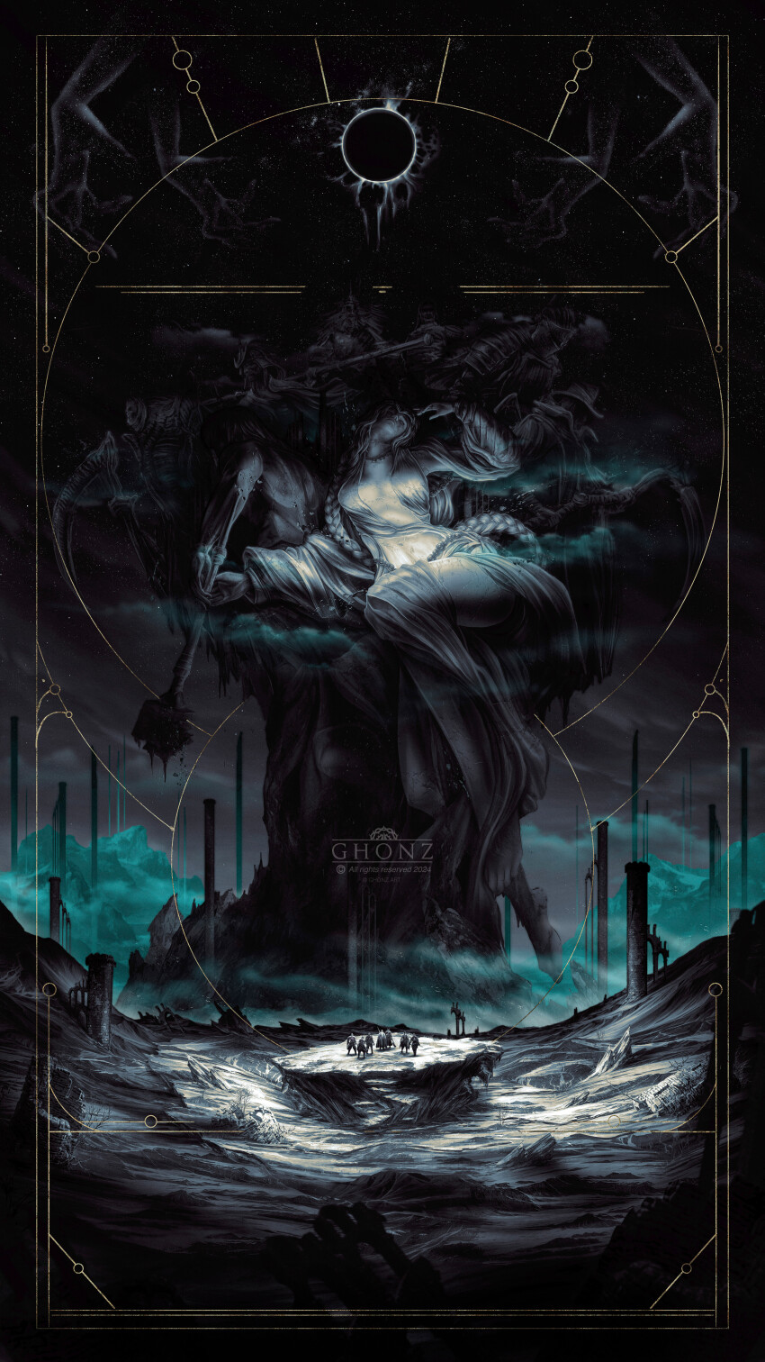 1girl 6+boys absurdres armlet armor artist_name ashen_one_(dark_souls) ashina_genichirou ashina_isshin bearer_of_the_curse black_hair bloodborne bloody_wolf_(elden_ring) bonnet border bracelet breastplate cape character_request check_character chosen_undead cleaver commentary company_connection copyright_notice covered_eyes dark_souls_(series) dark_souls_i dark_souls_ii dark_souls_iii darksign_(dark_souls) dated demon&#039;s_souls eclipse elden_ring english_commentary fromsoftware full_armor fur_trim gauntlets gehrman_the_first_hunter ghonz_art glowing gold_bracelet gravelord_nito greaves gwyn_lord_of_cinder hakama hakama_pants hat helm helmet highres holding holding_cleaver holding_shield holding_sword holding_weapon horizon hunter_(bloodborne) japanese_armor japanese_clothes jewelry katana kimono knight leather_armor long_hair long_sleeves multiple_boys ninja pants pauldrons ponytail prosthesis prosthetic_arm queen_marika_the_eternal radagon_of_the_golden_order saw saw_cleaver scabbard scarf sekiro sekiro:_shadows_die_twice sheath shield shoulder_armor shoulder_plates skull sky slayer_of_demons soul_of_cinder standing star_(sky) starry_sky sword sword_saint_isshin tarnished_(elden_ring) topknot topless_male torn_clothes torn_coat tricorne vambraces watermark weapon yellow_border