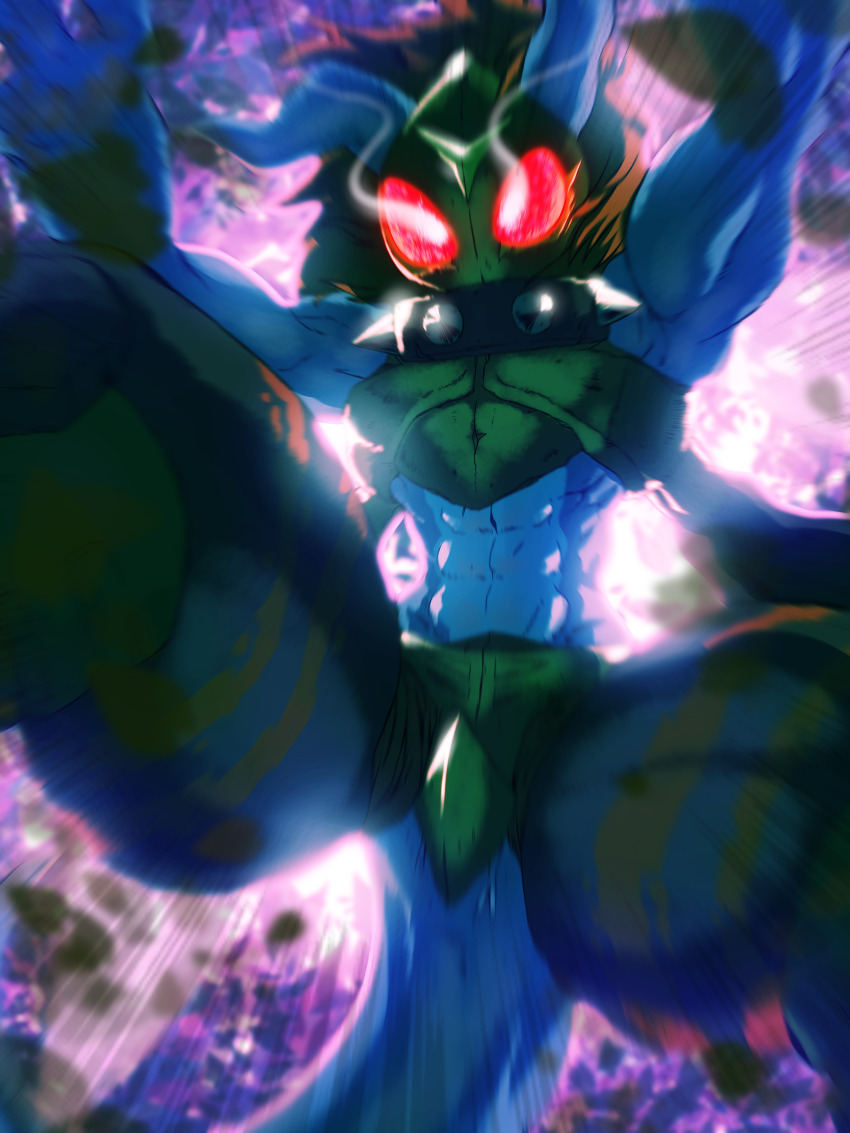 1boy abs absurdres armor bandai black_collar blue_horns blue_skin breastplate collar colored_skin compound_eyes debris digimon digimon_(creature) dinobeemon emphasis_lines eye_trail fusion gerusyu green_armor green_helmet green_mask helmet highres horns imminent_pounce light_trail monster muscular orange_hair pouncing red_eyes red_hair short_hair solo spiked_collar spikes tail