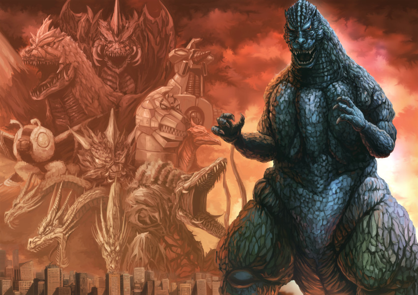 alien battra biollante bug butterfly city clone cloud dai_toro destoroyah dinosaur dragon epic fire_rodan g-force godzilla_(series) godzilla_vs._biollante godzilla_vs._destoroyah godzilla_vs._king_ghidorah godzilla_vs._mechagodzilla_ii godzilla_vs._mothra godzilla_vs._spacegodzilla highres horns hydra insect japan_self-defense_force kaiju king_ghidorah looking_at_viewer mecha mechagodzilla military moguera moth mothra multiple_heads muscular plant red_sky robot rodan sky spacegodzilla tail toho united_nations_godzilla_countermeasure_center vines weapon wings