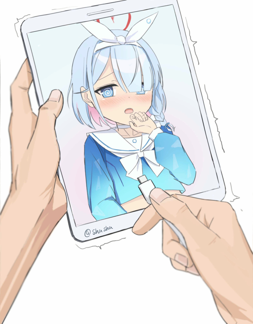 1boy 1girl @_@ absurdres aqua_hair arona_(blue_archive) blue_archive blue_eyes blush braid cable charger charging_device choker collarbone colored_inner_hair commentary_request dual_wielding hair_ornament hair_over_one_eye hairband halo heart heart_halo highres holding holding_cable long_sleeves looking_at_viewer multicolored_hair out_of_frame parted_lips pov pov_hands school_uniform sensei_(blue_archive) serafuku sexually_suggestive shasha_(shasha159357) short_hair sidelocks simple_background single_braid trembling twitter_username two-tone_hair usb white_background white_choker