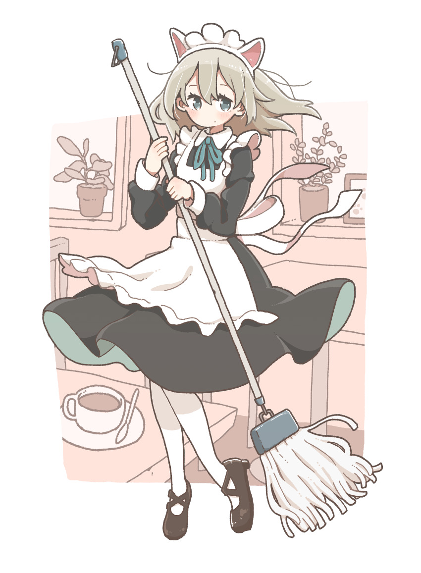 1girl absurdres animal_ears apron aqua_bow aqua_bowtie black_shoes blonde_hair blue_eyes blush bow bowtie broom clothes_lift cup east_sha2 fake_animal_ears floating_hair highres holding holding_broom indoors long_sleeves maid maid_apron maid_headdress mary_janes original pantyhose plant potted_plant shoes skirt skirt_lift solo teacup white_pantyhose wind wind_lift