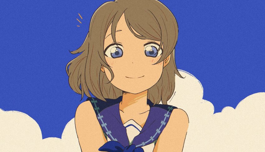 1girl arms_at_sides blue_background blue_neckerchief blue_sailor_collar blush brown_hair closed_mouth cloud cloudy_sky dot_nose grey_hair happy highres looking_at_viewer love_live! love_live!_sunshine!! neckerchief necktie otukaresunshine sailor_collar short_hair short_sleeves simple_background sky sleeveless smile solo upper_body watanabe_you wavy_hair white_background