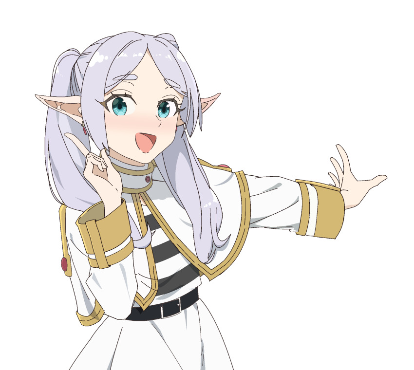 1girl animated animated_png belt black_belt capelet derivative_work elf frieren green_eyes grey_hair highres hoshino_ruby_dance index_finger_raised iqbqlz long_hair masban open_mouth oshi_no_ko outstretched_arm pointy_ears shirt simple_background skirt solo sousou_no_frieren striped_clothes striped_shirt third-party_edit transparent_background twintails white_capelet white_skirt
