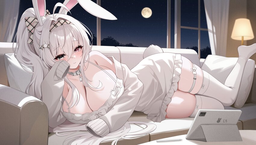 1girl absurdres ahoge animal_ears bow breasts choker cleavage closed_mouth commission couch dress frilled_dress frills full_moon grey_eyes hair_bow hair_ornament hairband hairclip halterneck hand_up heterochromia high_ponytail highres indoors iyusei_02 lampshade large_breasts long_hair long_sleeves looking_at_viewer lying moon night no_shoes on_couch on_side original pillow pink_eyes ponytail rabbit_ears rabbit_girl rabbit_tail short_dress skindentation sleeves_past_fingers sleeves_past_wrists smile solo spaghetti_strap tablet_pc tail thick_thighs thigh_strap thighhighs thighs very_long_hair white_choker white_dress white_hair white_thighhighs window zettai_ryouiki