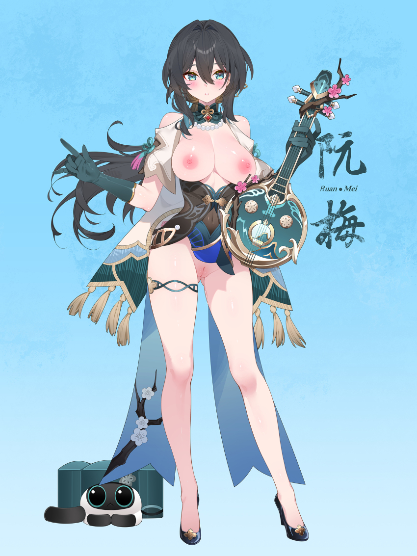 1girl absurdres adapted_costume aqua_collar aqua_gloves aqua_shoes bare_legs bare_shoulders bead_necklace beads blue_background blush bodice breasts breasts_apart breasts_out brown_hair character_name cleft_of_venus clothing_cutout commentary commentary_request covered_navel detached_collar dna english_commentary full_body gloves gluteal_fold green_eyes hair_between_eyes hair_intakes has_bad_revision has_censored_revision highres holding holding_instrument honkai:_star_rail honkai_(series) index_finger_raised instrument jewelry large_breasts legs long_hair looking_at_viewer md5_mismatch mixed-language_commentary necklace nipples paid_reward_available parted_lips pussy pussy_juice ruan ruan_mei_(honkai:_star_rail) shoes shoulder_cutout solo standing thigh_strap topless_female uncensored waterring