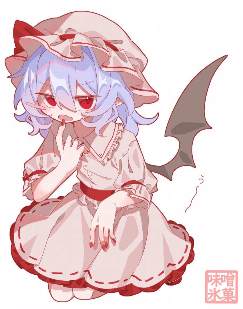 1girl absurdres artist_name bat_wings blush collared_shirt fang finger_to_mouth frilled_hat frilled_shirt_collar frilled_skirt frills hair_between_eyes hair_ribbon hand_up hat highres index_finger_raised ink_splatter kneeling long_sleeves medium_hair misoice_ramen mob_cap nail_polish open_mouth pink_hair pink_hat pink_shirt pink_skirt red_nails red_ribbon remilia_scarlet ribbon shirt simple_background skin_fang skirt skirt_set touhou white_background wings