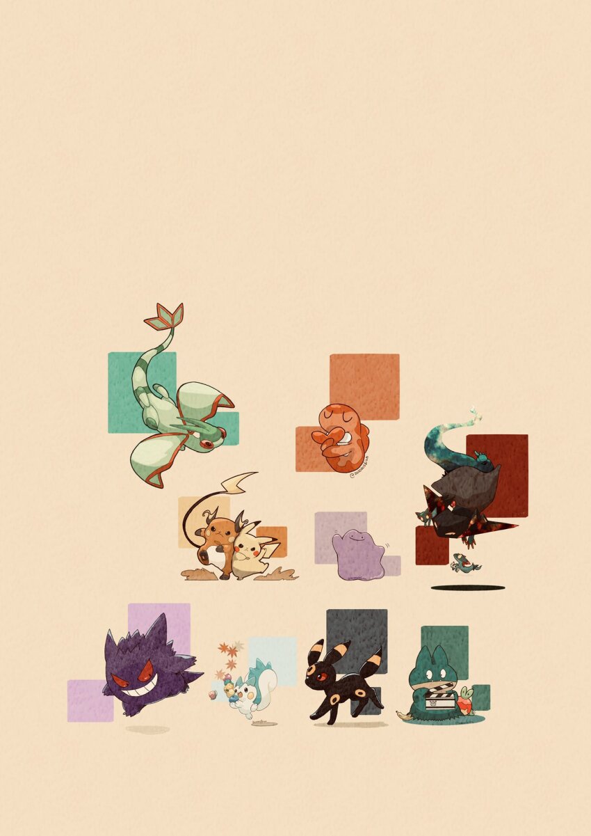 animal_focus apple applin artist_name black_fur closed_mouth colored_skin commentary_request ditto dragapult dreepy facial_mark fangs floating flygon food forehead_mark fruit gen_1_pokemon gen_2_pokemon gen_3_pokemon gen_4_pokemon gen_8_pokemon gengar green_skin grin highres munchlax nintendo no_humans pachirisu pikachu pokemon pokemon_(creature) raichu red_eyes simple_background smile squirrel tail tatsugiri tatsugiri_(curly) teeth twitter_username umbreon v-shaped_eyebrows white_background worm zozozoshion