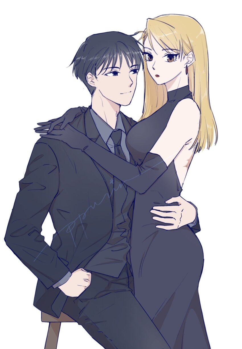 1boy 1girl artist_name backless_dress backless_outfit bare_shoulders black_dress black_gloves black_hair black_jacket black_necktie black_pants blonde_hair breasts burn_scar commentary_request couple dress earrings elbow_gloves expressionless fullmetal_alchemist gloves hand_in_pocket hetero highres jacket jewelry light_smile long_hair looking_at_another male_focus medium_breasts necktie pants ppurin riza_hawkeye roy_mustang scar scar_on_back short_hair simple_background sleeveless sleeveless_dress white_background yellow_eyes