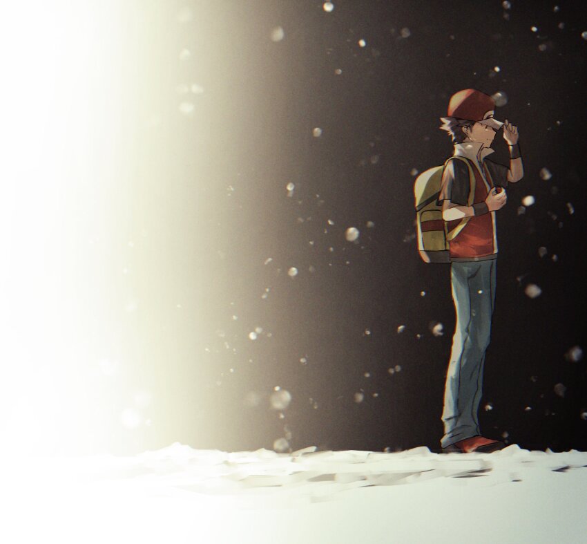 1boy absurdres backpack bag black_shirt commentary from_side hand_on_headwear hat highres holding holding_poke_ball male_focus nintendo pants poke_ball poke_ball_(basic) pokemon pokemon_hgss red_(pokemon) red_hat red_vest shirt shiruko_(s1ruko) shoes short_hair short_sleeves snow snowing solo standing t-shirt vest wristband yellow_bag