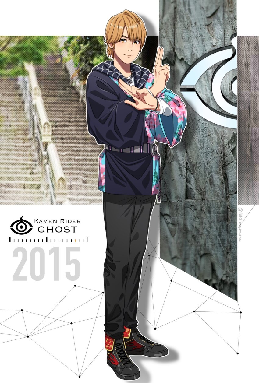 1010_mumumu 1boy 2015 animification black_pants brown_eyes brown_hair commentary_request crossed_arms cyclops floral_print highres hood hoodie jacket kamen_rider kamen_rider_ghost_(series) male_focus multicolored_clothes one-eyed orange_eyes outside_border pants photo_background shoes sitting smile sneakers spirit stairs tenkuuji_takeru