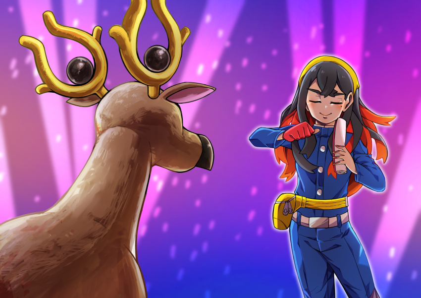 1girl absurdres belt belt_buckle black_hair blue_jacket blue_pants buckle buttons carmine_(pokemon) closed_eyes closed_mouth commentary_request dancing fanny_pack gen_2_pokemon gloves highres holding jacket long_hair long_sleeves meme mole mole_under_eye nintendo pants partially_fingerless_gloves pokemon pokemon_(creature) pokemon_sv shikairo_days_dance_(meme) shikanoko_nokonoko_koshitantan single_glove smile stantler ya-don yellow_bag zipper_pull_tab