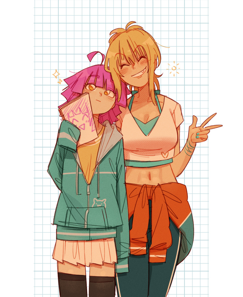 2girls ahoge black_thighhighs blue_jacket blue_nails blue_tank_top blunt_bangs blunt_ends blush breasts cleavage closed_eyes clothes_around_waist commentary cowboy_shot crop_top expressionless grid_background grin gutalalaman hand_up head_tilt heart height_difference highres holding holding_sketchbook hood hooded_jacket jacket jacket_around_waist long_sleeves love_live! love_live!_nijigasaki_high_school_idol_club medium_hair midriff miniskirt miyashita_ai multiple_girls nail_polish navel orange_shirt pants partially_unzipped pink_hair pleated_skirt ponytail rina-chan_board shirt short_sleeves sketchbook skirt sleeves_past_fingers sleeves_past_wrists smile sparkle standing sweatpants tank_top tennoji_rina thighhighs w white_shirt white_skirt yellow_eyes zettai_ryouiki