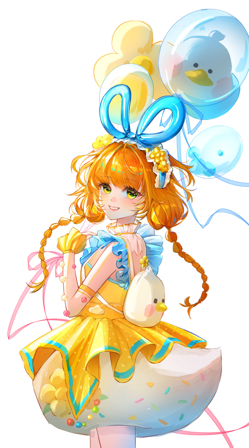 1girl absurdres animal_bag animal_balloon backless_dress backless_outfit backpack bag balloon balloon_trip_(infinity_nikki) bird blue_hairband blue_ribbon braid brown_hair bubble_skirt chinese_commentary collar commentary_request cowboy_shot detached_collar detached_sleeves dress duck duck_tail eyelashes fake_tail flower flower_balloon frilled_collar frilled_hairband frilled_sleeves frills green_eyes grin hair_flower hair_ornament hair_ribbon hairband hand_on_own_chest happy high_collar highres holding holding_balloon infinity_nikki large_ribbon light_blush lipstick long_hair loose_hair_strand low_twin_braids makeup miniskirt nikki_(series) pink_lips polka_dot pom_pom_(clothes) ribbon see-through_clothes see-through_sleeves seli_(yzjmzzr) short_dress shoulder_blades simple_background skirt skirt_under_dress sleeveless sleeveless_dress sleeves_past_wrists smile solo standing tail twin_braids white_background white_bag white_collar white_skirt white_sleeves yellow_dress yellow_flower