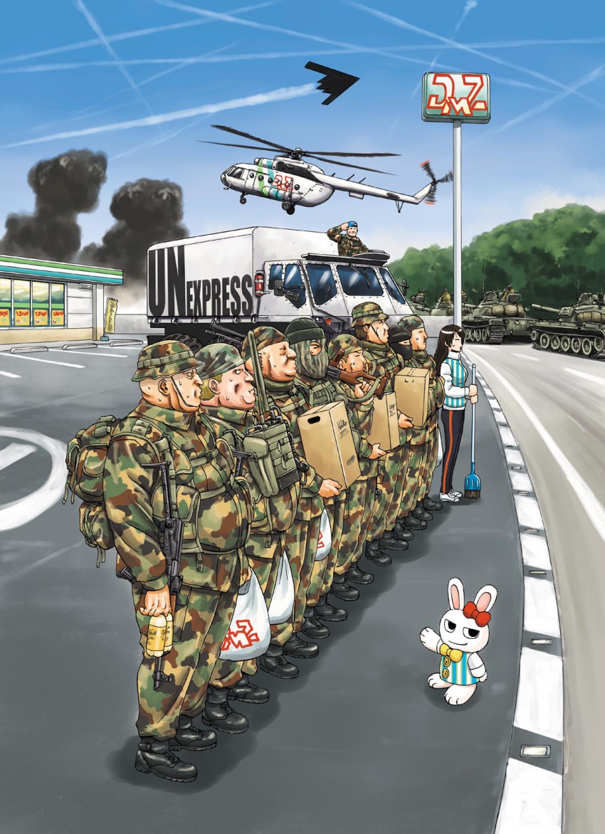 1girl aircraft airplane ak-47 akm akms amamiya_atsushi assault_rifle b-2_spirit bag balaclava beret black_hair bomber boots bottle box box_truck broom camouflage cardboard_box caterpillar_tracks character_request combat_boots contrail convenience_store day field_radio flying_wing gun hat heavy_bomber helicopter highres kalashnikov_rifle konbini_dmz konbini_dmz_plus! lineup long_hair machine_gun mask mil_mi-17 military military_combat_uniform military_uniform military_vehicle motor_vehicle over_shoulder pants parking_lot penetrator_(aircraft) pkm_machine_gun plastic_bag rabbit radio rifle road salute sao_satoru shop signpost smoke soldier standing stealth stealth_aircraft stealth_bomber strategic_bomber street sweat tank track_pants truck weapon weapon_over_shoulder