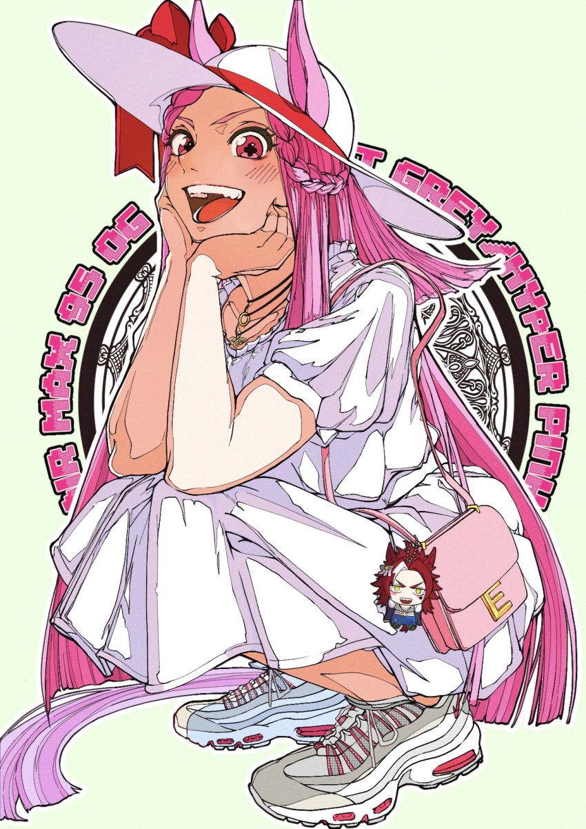 1girl air_max_95 animal_ears artist_name bag braid cellphone_charm character_doll charm_(object) commentary cross-shaped_pupils crown_braid doll dress ears_through_headwear elbows_on_knees eve_binti_(umamusume) full_body grey_shoes handbag hat head_rest highres horse_ears horse_girl horse_tail jewelry jose_(joseeidossei) long_hair looking_at_viewer medium_dress necklace no_socks open_mouth pink_eyes pink_hair shoes short_sleeves smile sneakers solo squatting sun_hat symbol-shaped_pupils tail text_background thief_crow_(umamusume) umamusume umamusume:_cinderella_gray white_dress white_hat