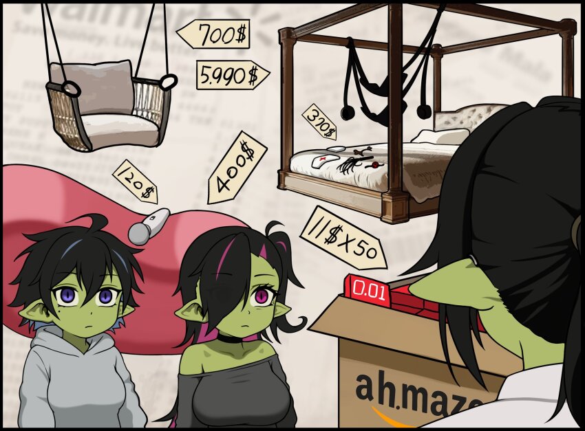 3girls ahoge ball_gag bean_bag_chair bed black_choker black_hair blue_eyes breasts canopy_bed choker colored_skin condom_box covered_erect_nipples elf english_text female_goblin gag glasses goblin green_skin grimgrim hanging_chair high_ponytail highres hitachi_magic_wand large_breasts large_ears long_pointy_ears mother_and_daughter multiple_girls off_shoulder original pink_eyes pointy_ears ponytail price_tag sex_toy short_hair shortstack skirt slit_pupils solo unworn_gag vibrator wiffle_gag