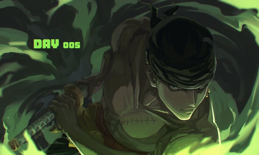1boy bandana closed_mouth colored_smoke earrings epcl4zj4u haramaki incoming_attack jewelry looking_at_viewer male_focus one_piece roronoa_zoro smoke solo stitched_torso stitches upper_body