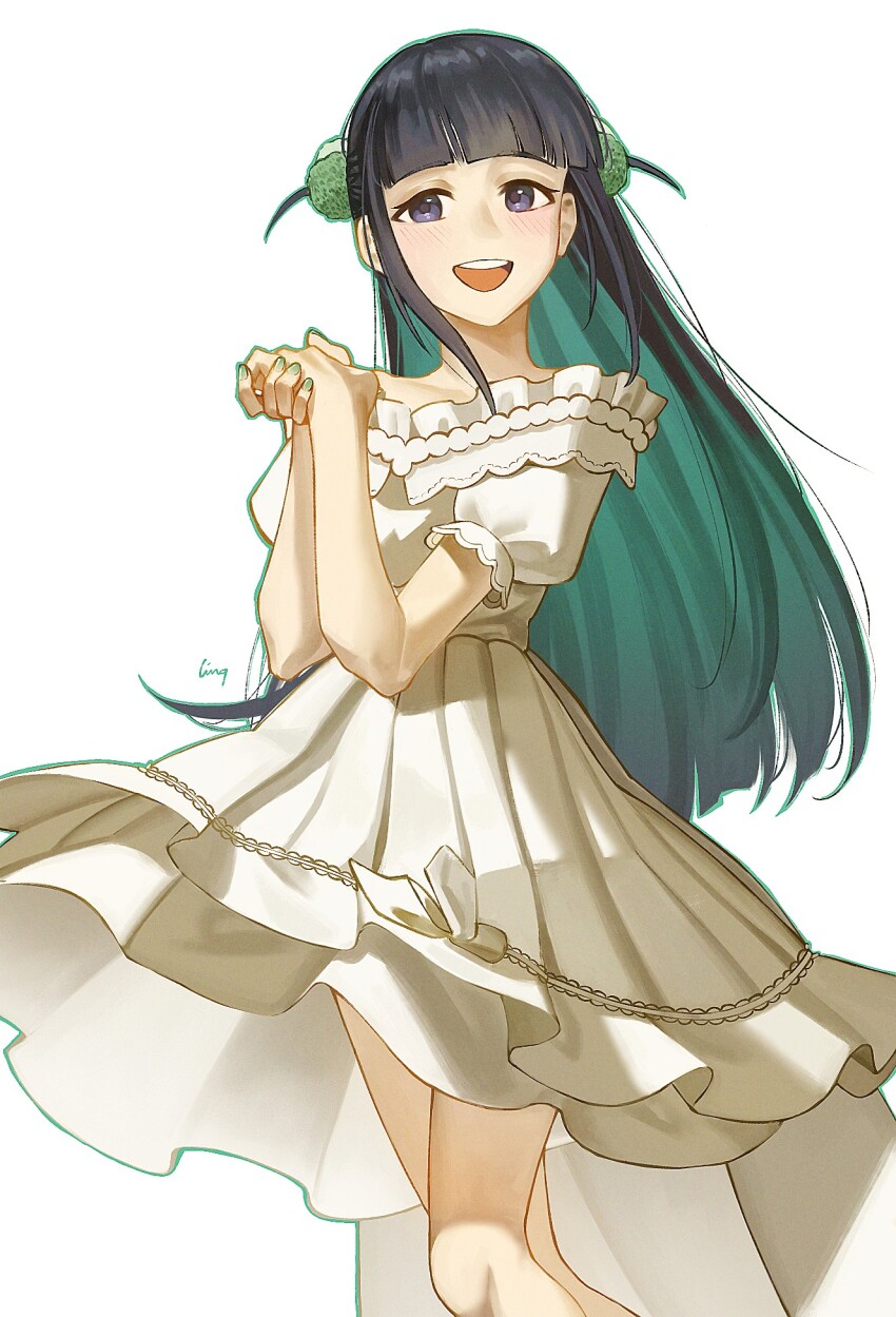 1girl :d arched_bangs artist_name bare_shoulders black_hair cape chrysanthemum colored_inner_hair commentary dress feet_out_of_frame fingernails flower frilled_dress frilled_sleeves frills green_flower green_hair green_nails green_outline hair_flower hair_ornament hands_up highres light_blush ling_(chaaaaanhikari) long_hair looking_at_viewer multicolored_hair off-shoulder_dress off_shoulder official_alternate_costume open_mouth outline own_hands_together puffy_short_sleeves puffy_sleeves purple_eyes short_dress short_sleeves shoujo_kageki_revue_starlight sidelocks simple_background smile solo teeth tsuyuzaki_mahiru two-tone_hair two_side_up upper_teeth_only waist_cape white_background white_cape white_dress