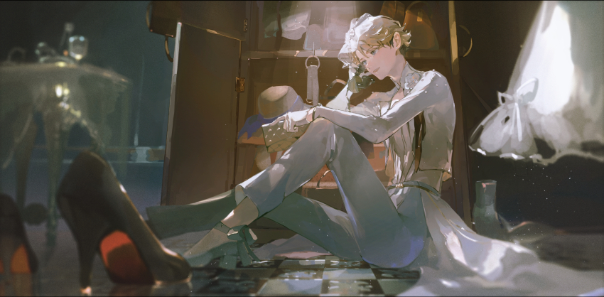 1boy absurdres antique_phone blonde_hair closet ensemble_stars! floor gloves grey_pants high_heels highres indoors jacket long_sleeves male_focus narukami_arashi on_floor open_clothes open_jacket pants purple_eyes shirt shoes short_hair shule_de_yu sitting smile solo table tile_floor tiles veil white_gloves white_jacket white_shirt white_veil