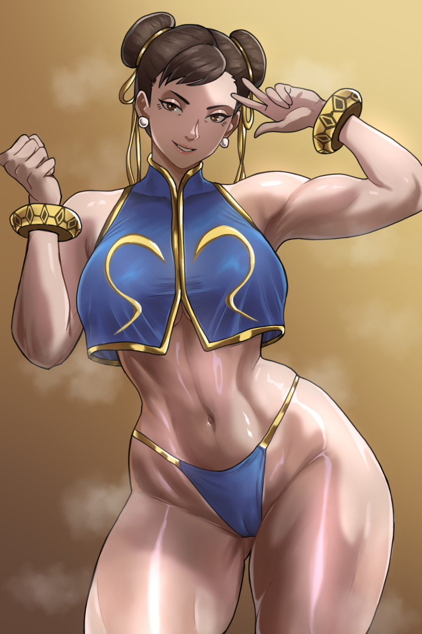 1girl absurdres bare_shoulders blue_panties blue_shirt bracelet breasts brown_eyes brown_hair cameltoe capcom chun-li clenched_hand commentary contrapposto crop_top crop_top_overhang double_bun earrings english_commentary gluteal_fold gold_ribbon gold_trim hair_bun hair_ribbon highleg highleg_panties highres jewelry large_breasts linea_alba looking_at_viewer navel panties ribbon shirt short_hair sleeveless sleeveless_shirt smile solo steaming_body stomach street_fighter stud_earrings thick_thighs thighs toned toned_female underwear v witlessfrawn