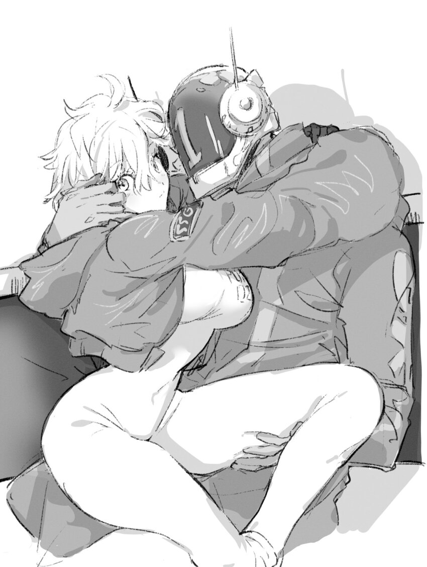 1boy 1girl af60489 ahoge blush bodysuit crop_top curvy gloves hetero highres hug jacket looking_at_viewer monochrome one_piece open_clothes open_jacket short_hair surprised tagme vegapunk_lilith vegapunk_shaka wide_hips