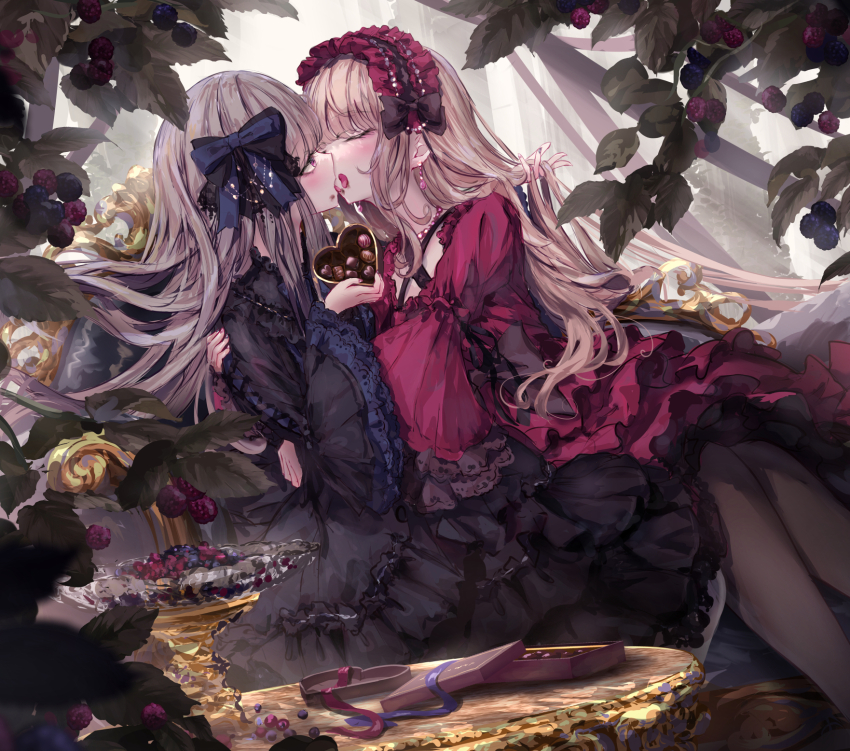 2girls black_dress black_leggings black_pantyhose blonde_hair blue_bow bow chocolate dress food french_kiss fruit gothic_lolita hair_ornament hairband head_tilt heart highres hug imminent_kiss imminent_lick imminent_licking kiss leaning_back leaning_on_person leggings licking licking_another&#039;s_face lolita_fashion long_sleeves missile228 multiple_girls outdoors pantyhose platinum_hair puffy_long_sleeves puffy_sleeves red_dress silver_hair tongue_kiss yuri