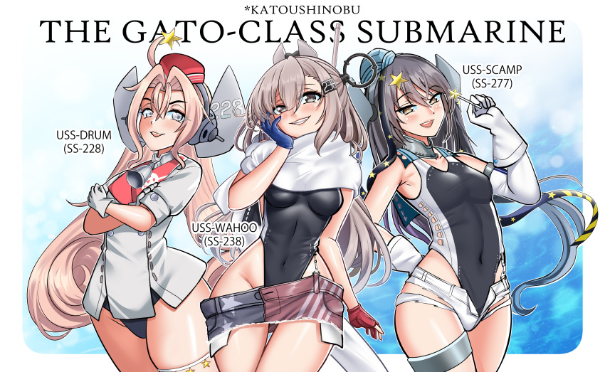 3girls absurdres american_flag american_flag_print american_flag_skirt aqua_hat bell black_one-piece_swimsuit black_ribbon blonde_hair blue_gloves breasts candy character_name coat collar competition_swimsuit covered_navel denim denim_skirt drum_(kancolle) flag_print flat_chest food garrison_cap gloves grey_eyes grey_hair hair_between_eyes hair_ornament hair_ribbon hair_rings hand_on_own_cheek hand_on_own_face hat headgear highleg highleg_one-piece_swimsuit highres holding holding_candy holding_food kantai_collection katou_shinobu lollipop long_hair medium_breasts metal_collar microskirt multiple_girls neck_bell one-piece_swimsuit parted_bangs partially_fingerless_gloves pear-shaped_figure print_skirt red_gloves red_hat ribbon scamp_(kancolle) short_shorts shorts side_ponytail skirt small_breasts smirk star_(symbol) star_hair_ornament swimsuit swimsuit_under_clothes thick_thighs thighs two-tone_one-piece_swimsuit very_long_hair wahoo_(kancolle) white_coat white_gloves white_one-piece_swimsuit white_shorts wide_hips yellow_eyes