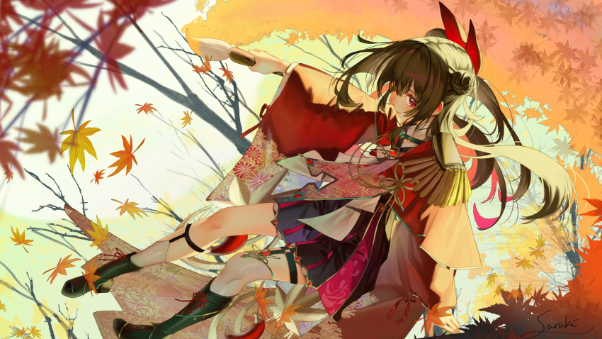1girl autumn autumn_leaves brown_hair closed_mouth highres holding holding_paintbrush knees leaf light_smile long_hair looking_at_viewer original paintbrush red_eyes saraki signature smile tree