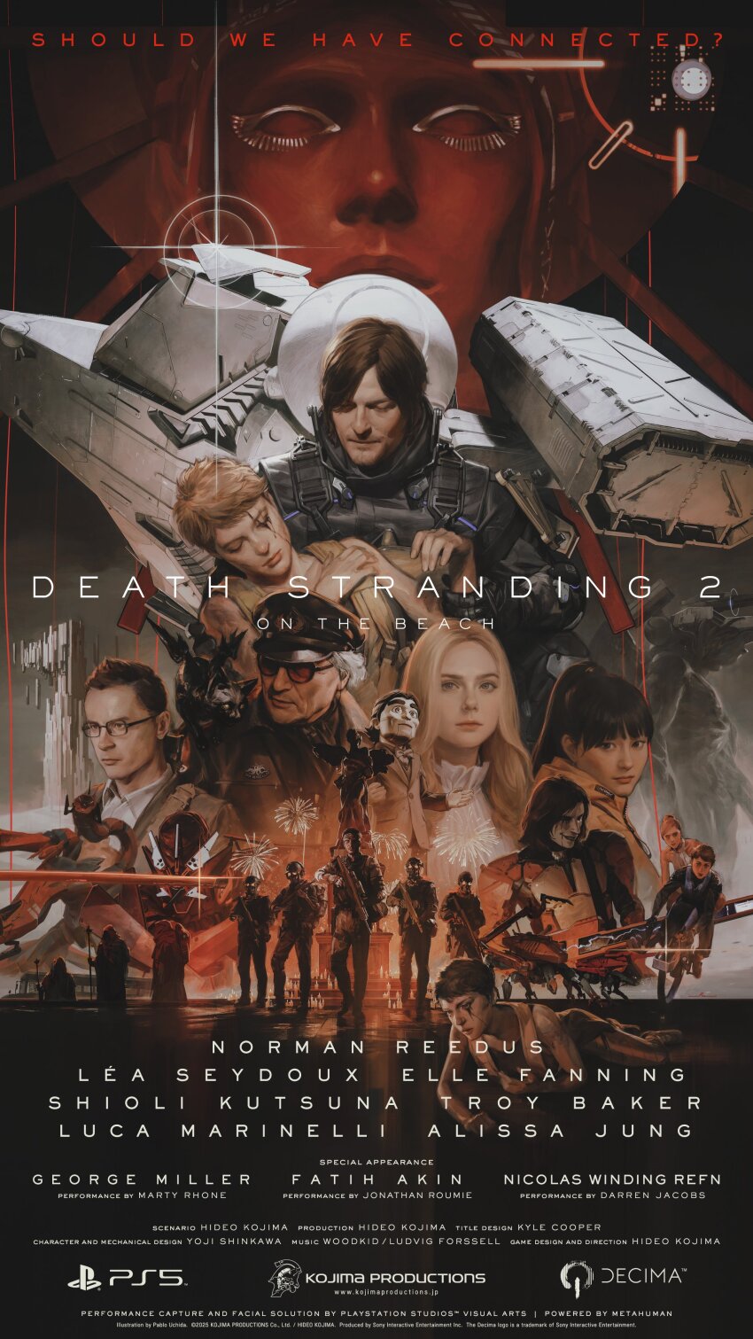 absurdres assault_rifle black_hair blonde_hair brown_hair character_request closed_eyes commentary_request death_stranding_2:_on_the_beach english_text glasses gun hat higgs_(death_stranding) highres key_visual long_hair marionette multiple_boys multiple_girls official_art pablo_uchida peaked_cap poster_(medium) promotional_art puppet rifle sam_porter_bridges short_hair statue sunglasses weapon