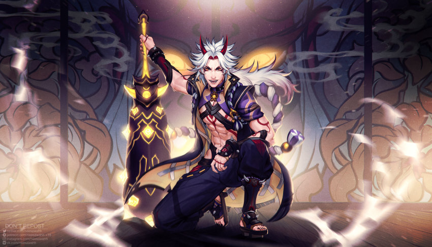 1boy abs arataki_itto arms_up black_gloves black_nails blue_pants body_markings bracelet club_(weapon) commentary english_commentary facial_mark fingerless_gloves fingernails genshin_impact geta gloves highres holding holding_club holding_weapon horns japanese_clothes jewelry long_hair looking_at_viewer male_focus multicolored_hair nail_polish neesawahh oni oni_horns open_mouth pants parted_bangs puffy_pants red_eyes red_hair rope sandals sharp_fingernails sharp_teeth shimenawa smoke solo spiked_bracelet spiked_hair spikes squatting tassel teeth thick_thighs thighs toenail_polish toenails toned toned_male vision_(genshin_impact) weapon wooden_floor