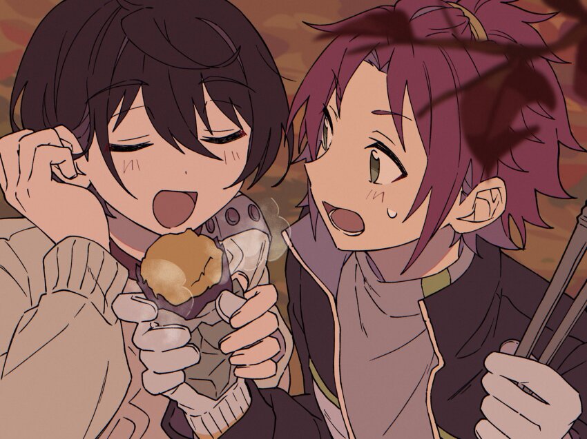2boys alternate_costume autumn autumn_leaves bishounen black_hair black_jacket blurry branch curtained_hair day depth_of_field ensemble_stars! facing_ahead feeding food gloves green_eyes hair_behind_ear hair_between_eyes hand_grab hands_up highres holding holding_food isara_mao jacket leaf long_sleeves looking_at_viewer lower_teeth_only male_focus multiple_boys niyororinpayamaru open_clothes open_jacket open_mouth outdoors portrait red_hair sakuma_ritsu side-by-side steam sweatdrop sweater teeth tucking_hair turtleneck white_gloves white_sweater