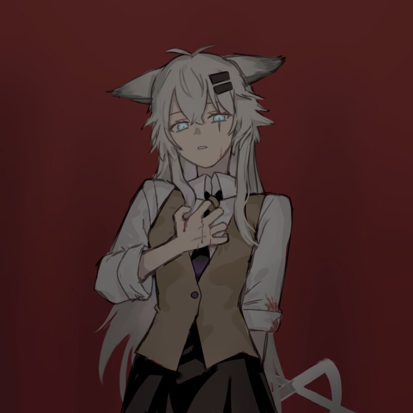 1girl animal_ears arknights black_necktie blood blood_on_clothes blood_on_hands blue_eyes brown_vest collared_shirt commentary_request dark hair_between_eyes hair_ornament hairclip hand_on_own_chest highres lappland_(arknights) long_hair looking_at_viewer necktie orange_background parted_lips screen9775 shirt simple_background sleeves_rolled_up solo vest white_hair white_shirt wolf_ears wolf_girl
