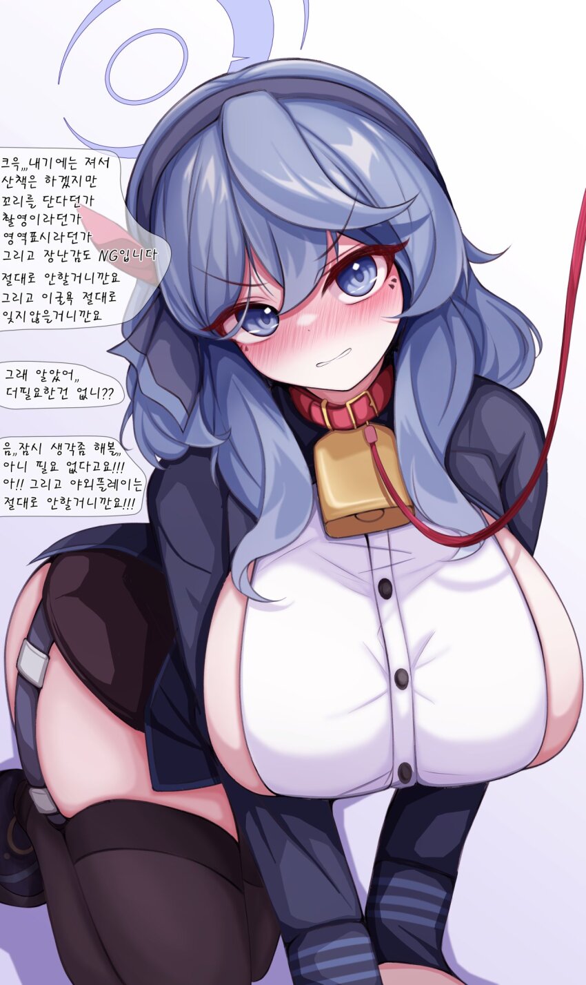 1girl ako_(blue_archive) black_thighhighs blue_archive blue_eyes blue_hair breasts garter_belt gbr20210907 highres large_breasts long_hair shirt solo thighhighs thighs white_shirt