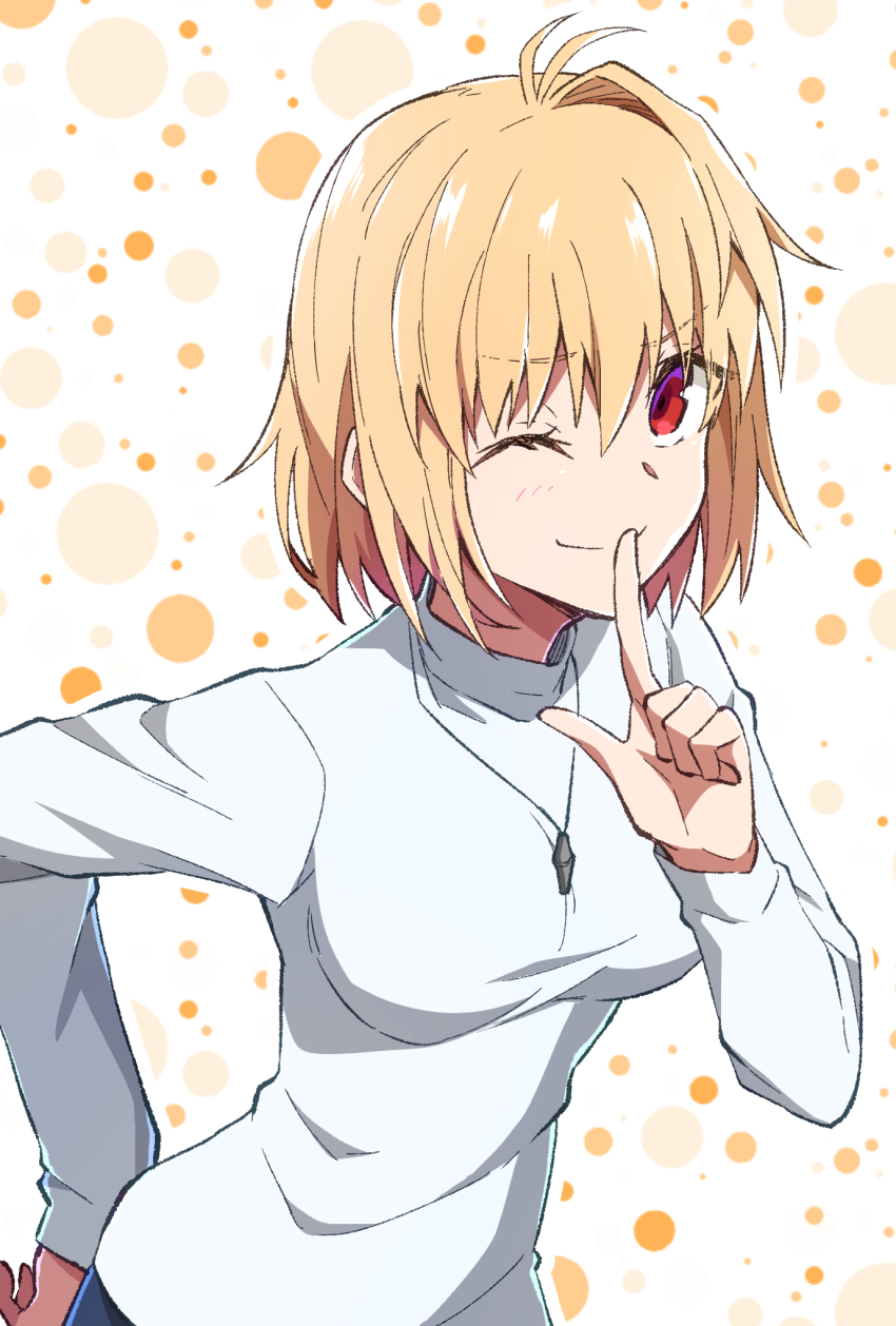 1girl ;) antenna_hair arcueid_brunestud azami_masurao blonde_hair breasts closed_mouth commentary_request hair_between_eyes hand_on_own_hip highres index_finger_raised jewelry long_sleeves looking_at_viewer medium_breasts necklace one_eye_closed red_eyes short_hair single_hair_intake smile solo sweater tsukihime tsukihime_(remake) turtleneck turtleneck_sweater white_sweater