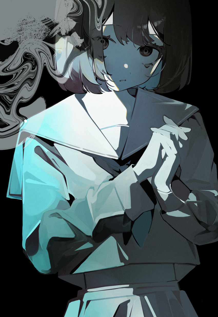 1girl absurdres black_background black_hair blank_stare commentary_request highres looking_at_viewer midriff open_mouth original own_hands_together sailor_collar school_uniform solo swirl toasu