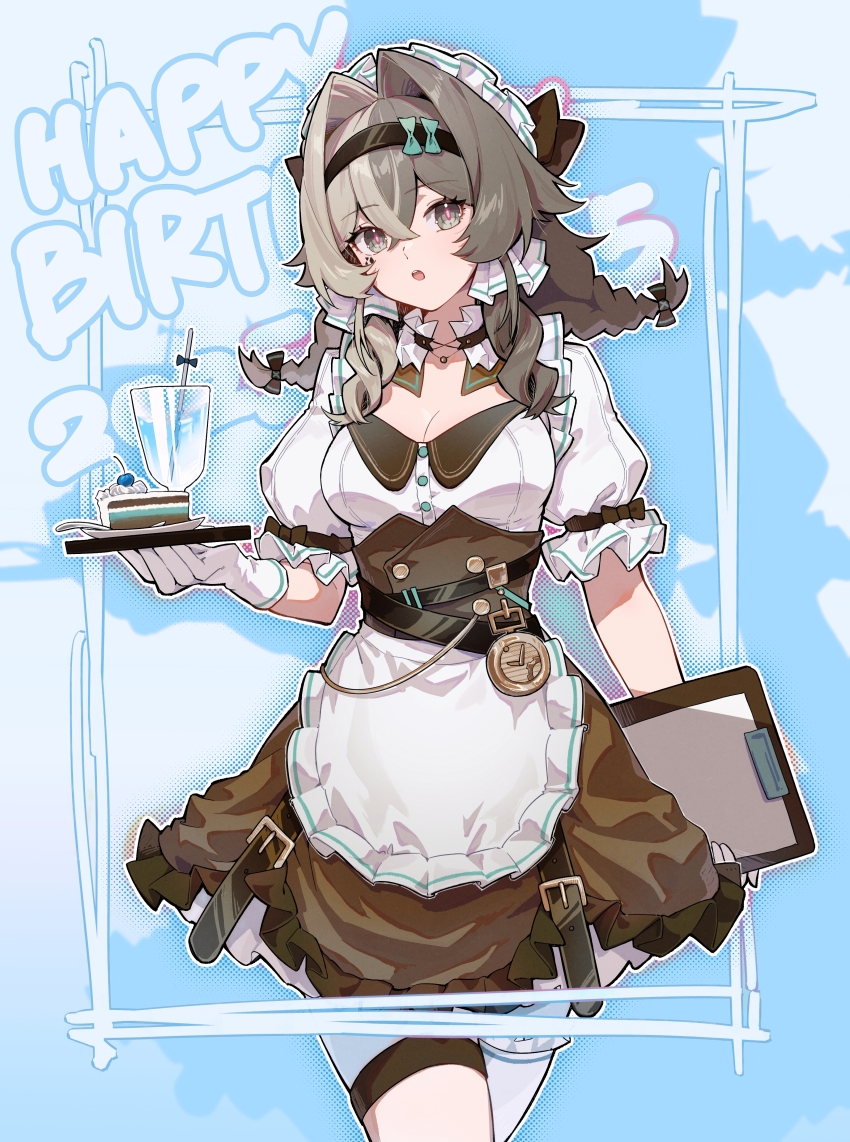 1girl 2025 :o absurdres alternate_costume apron black_hairband blue_background breasts brown_dress brown_hair cake cake_slice chinese_commentary commentary_request cowboy_shot dress drink enioreh food gloves grey_eyes hair_intakes hairband happy_birthday highres holding holding_notepad honkai_(series) honkai_impact_3rd large_breasts maid maid_apron maid_headdress medium_hair notepad solo thigh_strap thighs vill-v white_apron white_gloves