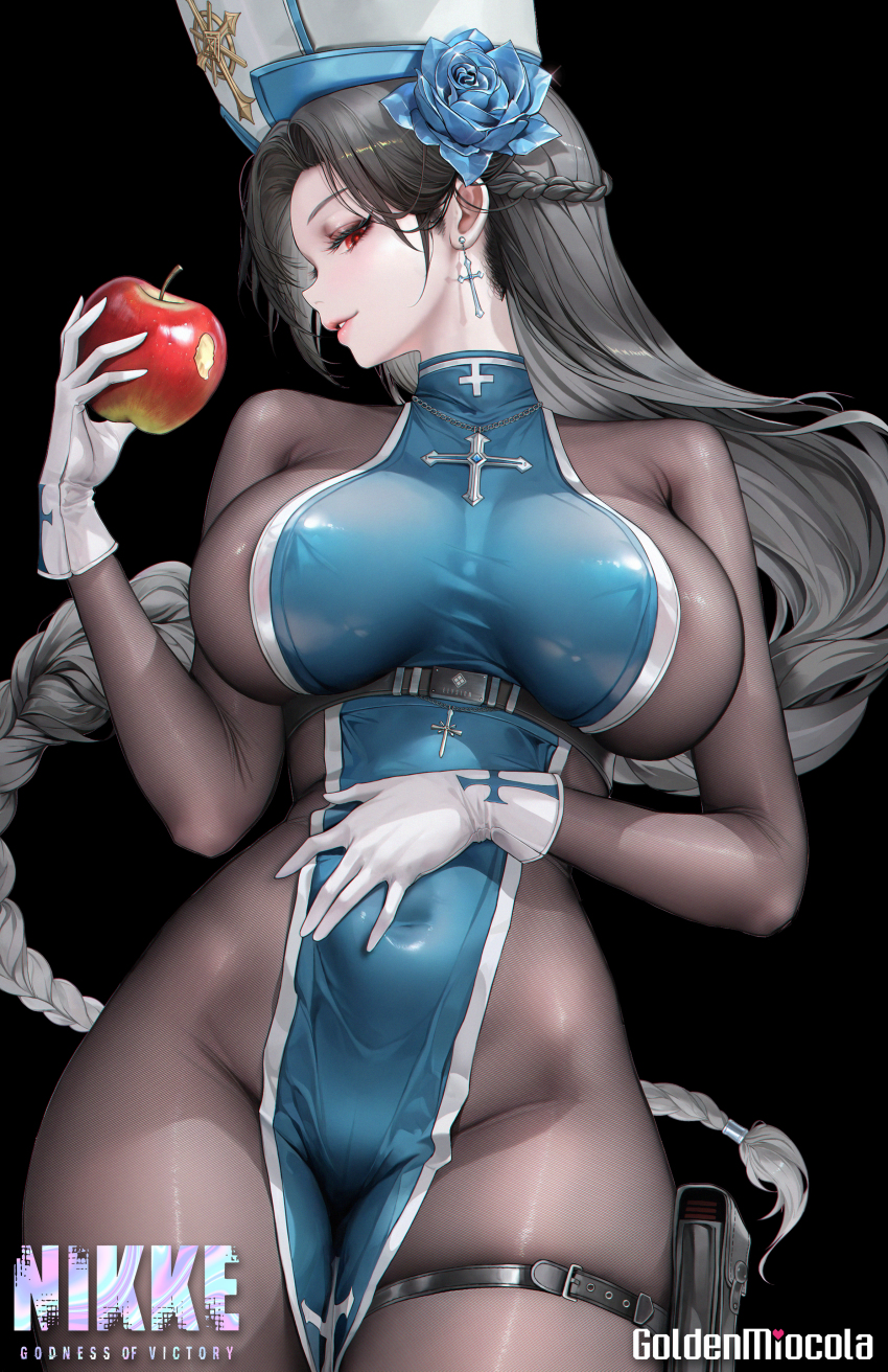 1girl absurdres apple black_background black_hair bodystocking braid braided_ponytail breasts copyright_name covered_erect_nipples cross cross_earrings earrings flower food food_bite from_side fruit gloves goddess_of_victory:_nikke goldenmiocola hair_flower hair_ornament highres holding holding_food holding_fruit ice_flower impossible_clothes jewelry large_breasts lips long_hair looking_at_viewer maiden_(ice_rose)_(nikke) maiden_(nikke) mixed-language_commentary official_alternate_costume red_eyes simple_background single_braid solo thigh_strap variant_set very_long_hair white_gloves