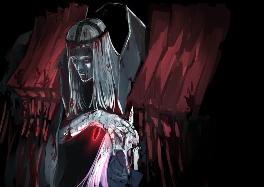 1boy 1girl armor bandaged_arm bandages black_background black_coat blood blood_in_hair blood_on_clothes blue_archive bow closed_mouth clothes_grab coat commentary grey_cloak grey_hair hair_bow hair_ribbon halo hand_on_another&#039;s_head long_hair long_sleeves looking_at_viewer looking_back mask osakana_(denpa_yun&#039;yun) pauldrons phrenapates_(blue_archive) pink_hair plana_(blue_archive) red_eyes ribbon shoulder_armor simple_background symbol-only_commentary upper_body white_ribbon