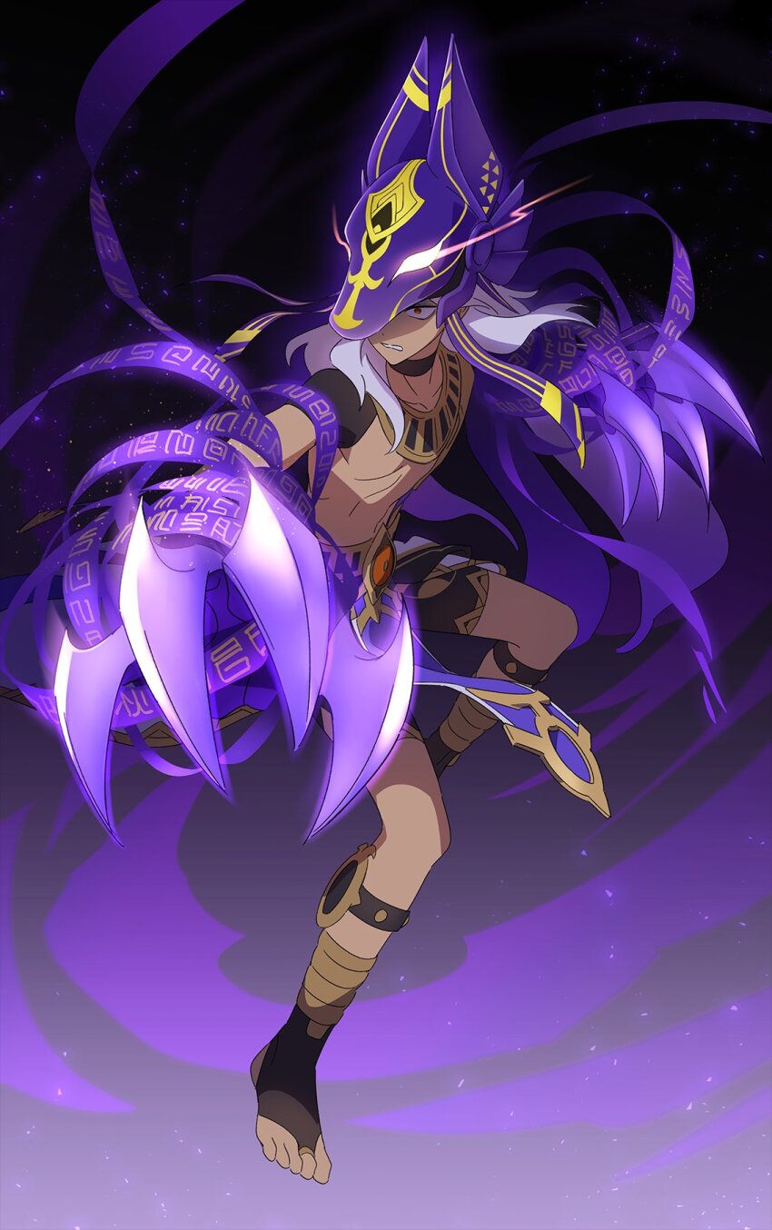 1boy angduuuu_(ghost) angry animal_ears animal_helmet black_background black_choker black_shorts black_socks choker constricted_pupils cyno_(genshin_impact) detached_sleeves dot_nose energy_claws facing_to_the_side fighting_stance floating floating_hair full_body genshin_impact glowing_claws glowing_headgear gold_belt gold_trim gradient_background grey_background helmet highres huge_claws jackal_ears jewelry legs_apart loincloth male_focus medium_hair multiple_anklets navel no_shoes purple_helmet purple_ribbon red_eyes ribbon shadow short_sleeves shorts sidelighting socks solo tan toe_ring toeless_footwear toned toned_male topless_male usekh_collar white_hair