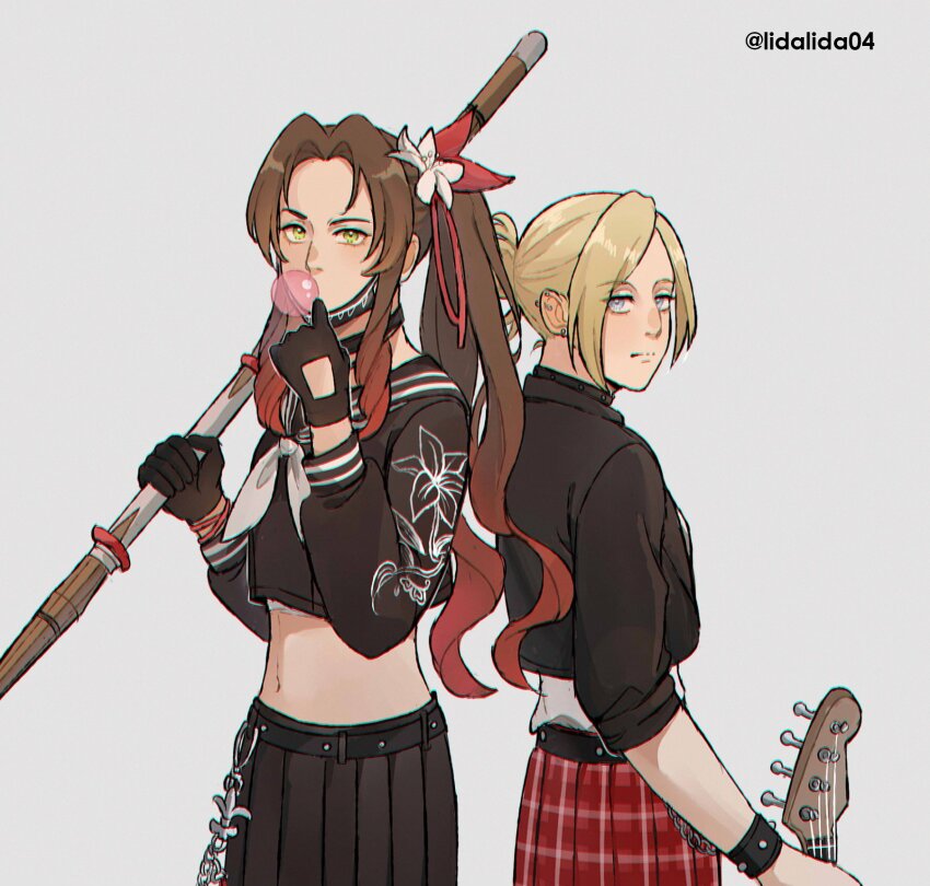 2girls aerith_gainsborough aerith_gainsborough_(midgard_seventh_high_school) annie_leonhart back-to-back bandaged_chest belt black_choker black_gloves black_jacket black_mask black_sailor_collar black_shirt black_skirt blonde_hair blowing_bubbles blue_eyes bracelet breasts brown_hair chewing_gum choker colored_tips cowboy_shot crop_top cropped_jacket crossover delinquent final_fantasy final_fantasy_vii final_fantasy_vii_ever_crisis flower furrowed_brow gloves green_eyes grey_background guitar hair_flower hair_ornament hair_ribbon highres holding holding_guitar holding_instrument holding_staff instrument jacket jewelry leather leather_jacket lida_(lidalida04) long_hair mask mask_pull medium_breasts midriff mouth_mask multicolored_hair multiple_girls navel neckerchief official_alternate_costume parted_bangs plaid_clothes plaid_skirt pleated_skirt ponytail red_hair red_ribbon red_skirt ribbon sailor_collar shingeki_no_kyojin shirt short_hair sidelocks skirt staff studded_belt studded_bracelet sukeban twitter_username updo white_flower white_neckerchief white_shirt