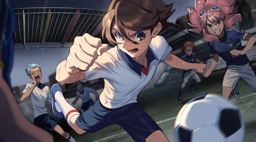 4boys ball blue_footwear blue_shirt blue_shorts brown_eyes brown_hair dolustoy domon_asuka goggles goggles_on_head green_hair highres ichinose_kazuya inazuma_eleven inazuma_eleven_(series) inazuma_japan kiyama_hiroto kneehighs male_focus multiple_boys open_mouth pink_hair playing_sports red_hair shirt shorts soccer_ball soccer_field soccer_uniform socks sportswear sweat tsunami_jousuke unicorn_(inazuma_eleven) white_shirt white_shorts white_socks