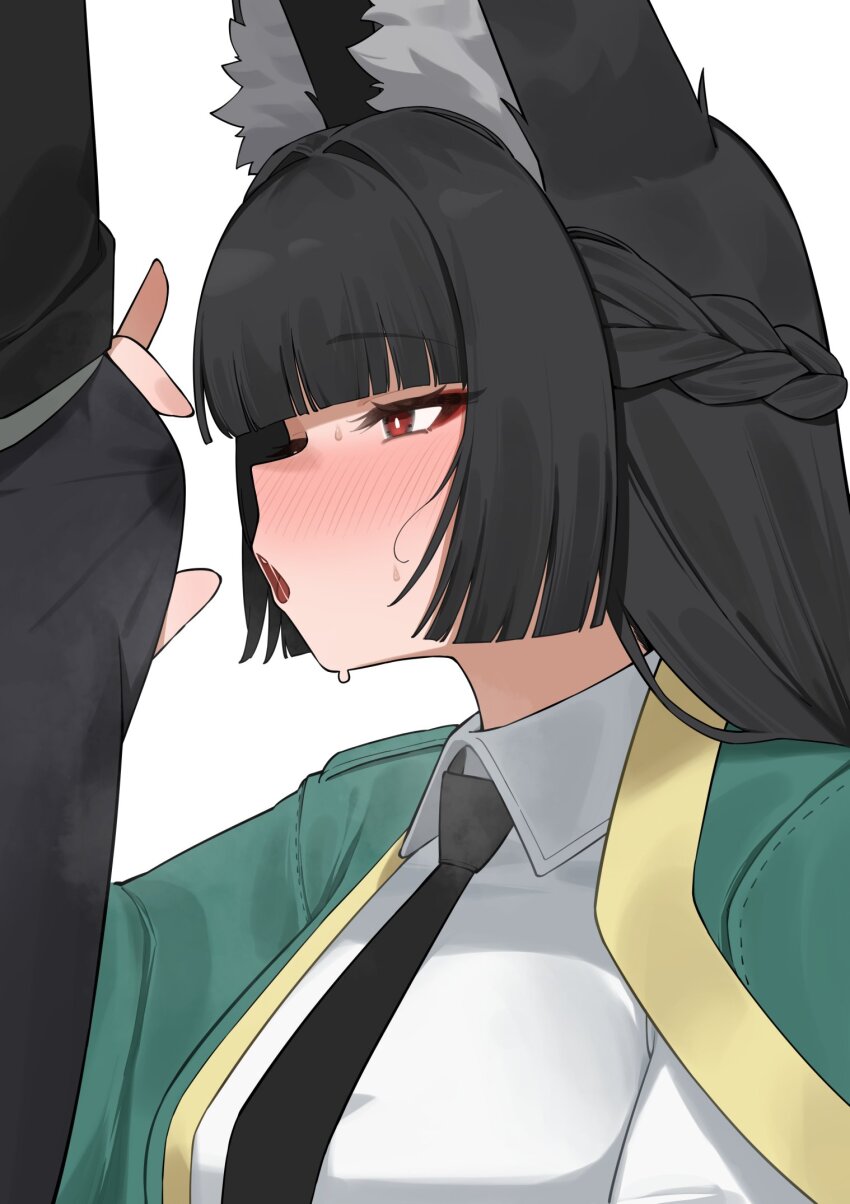 1boy 1girl animal_ear_fluff animal_ears black_hair blush breasts bulge commentary flasso fox_ears fox_girl green_jacket hetero highres hoshimi_miyabi jacket large_breasts open_mouth red_eyes saliva shirt simple_background solo_focus symbol-only_commentary upper_body white_background white_shirt zenless_zone_zero