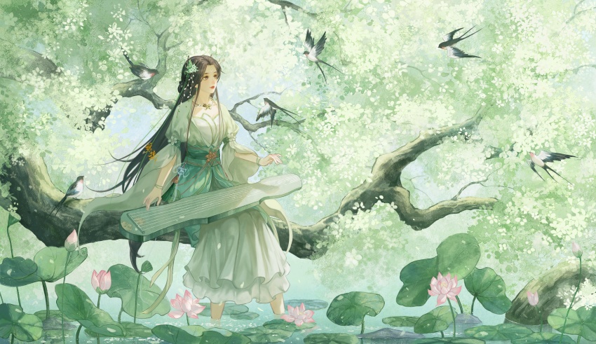 1girl absurdres artist_request bi_yao_(zhu_xian) bird bracelet brown_eyes butterfly_hair_ornament closed_mouth dress earrings expressionless facial_mark flower forehead_mark green_dress guzheng hair_ornament highres jewelry lily_pad long_hair lotus sash second-party_source sitting solo water zhu_xian
