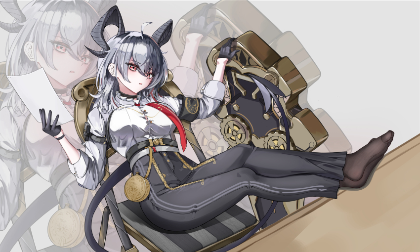 1girl absurdres ahoge arm_pouch black_choker black_gloves black_horns black_pants black_pantyhose black_pouch breasts button_gap choker commentary crossed_legs curled_horns gloves grey_hair high-waist_pants highres holding holding_paper horns large_breasts looking_at_viewer multicolored_hair necktie no_shoes pants pantyhose paper parted_lips red_eyes red_necktie shield shirt shirt_tucked_in solo streaked_hair white_shirt wish_(wish7101) wuthering_waves zani_(wuthering_waves) zoom_layer