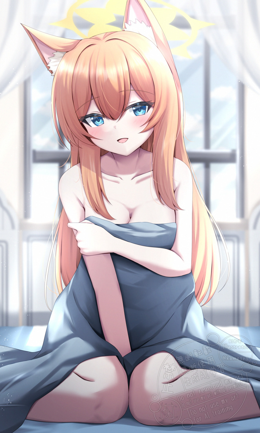 1girl absurdres animal_ear_fluff animal_ears bare_shoulders blanket blue_archive blue_eyes blush collarbone covering_breasts covering_privates halo highres indoors kamesys long_hair looking_at_viewer mari_(blue_archive) open_mouth orange_hair sidelocks yellow_halo