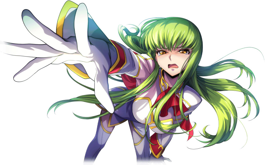1girl apron blush bodysuit breasts c.c. code_geass code_geass:_fukkatsu_no_lelouch code_geass:_lost_stories crying f4samurai gloves green_hair highres long_hair looking_at_viewer medium_breasts official_art red_apron sidelocks simple_background solo transparent_background very_long_hair white_bodysuit white_gloves yellow_eyes